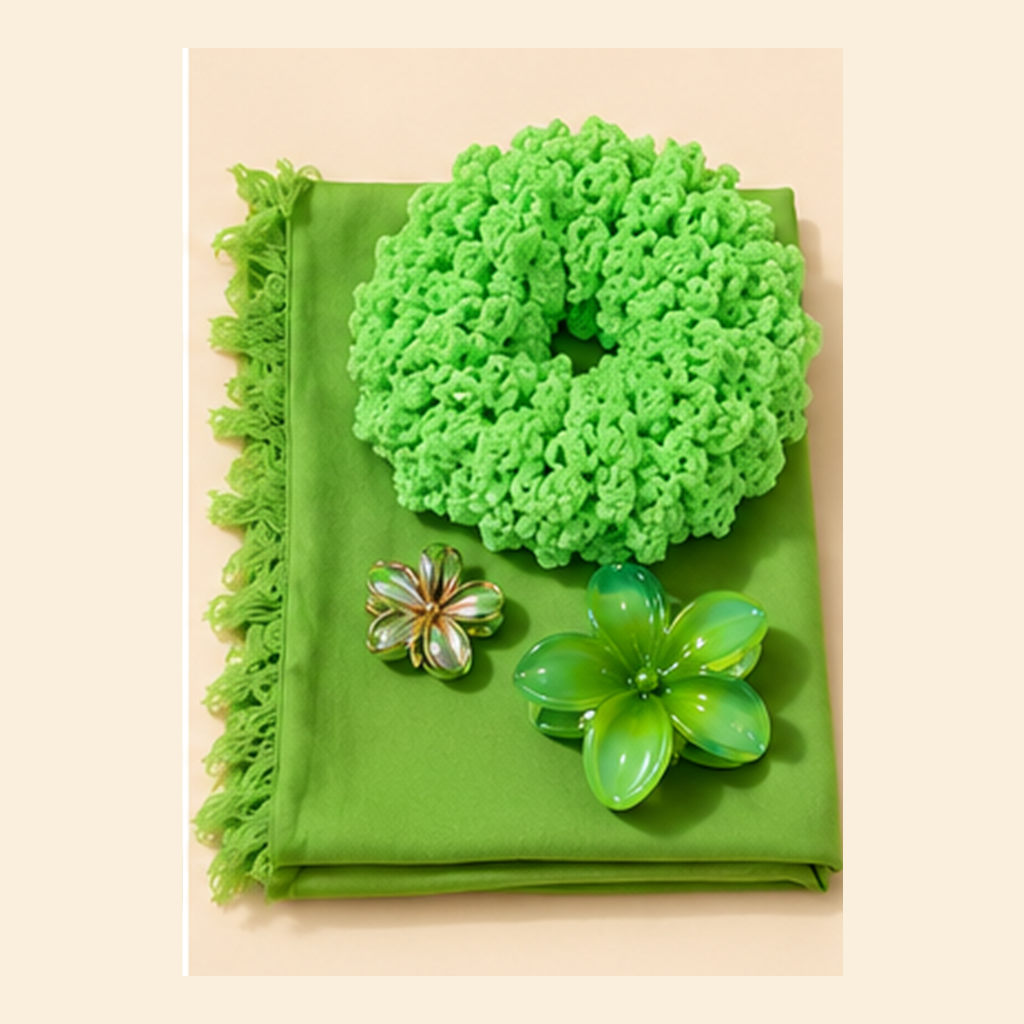 Emerald Luxe neon-green scarf, crochet scrunchie and floral hair clips