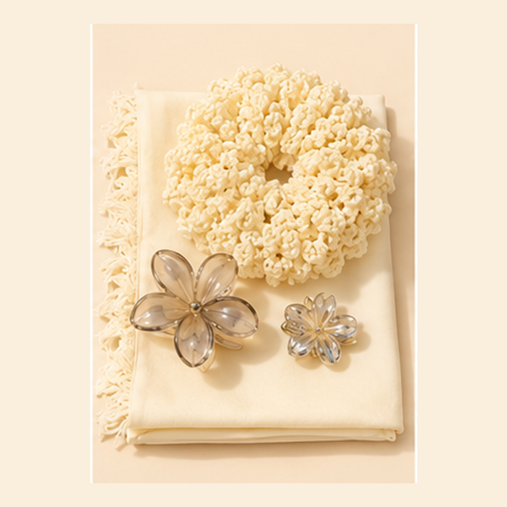 Pearl Bloom cream scarf, crochet scrunchie and floral hair clips