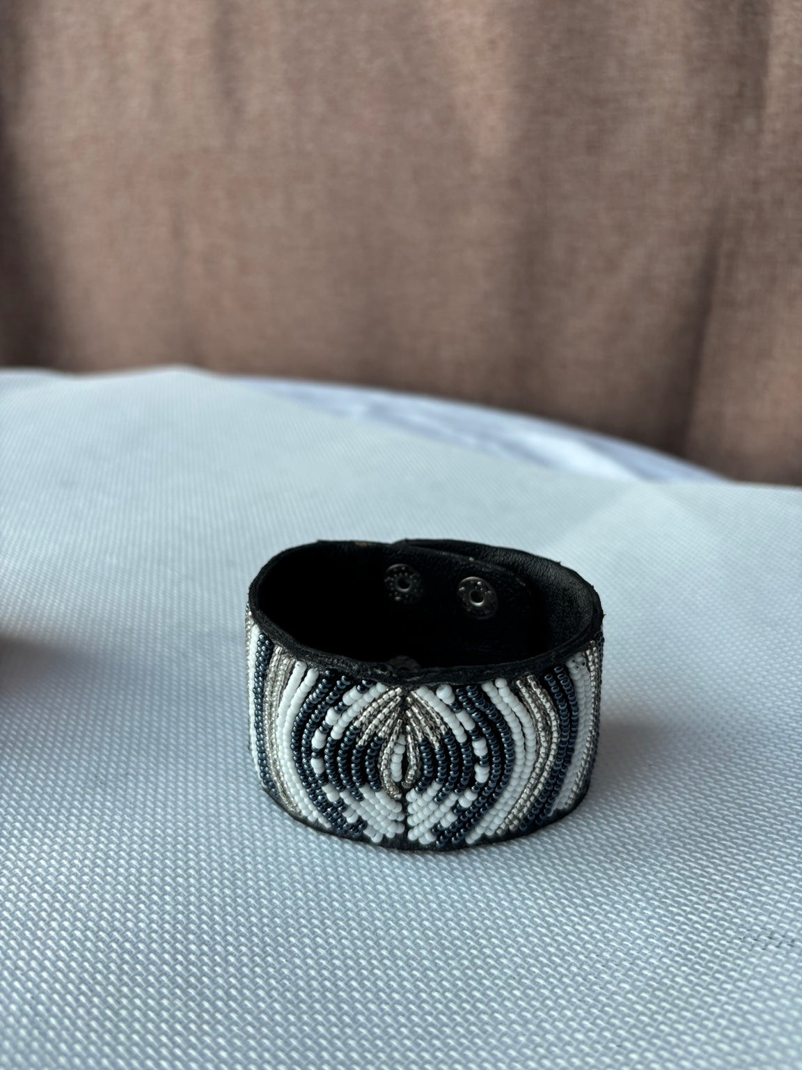 Black white and silver hand-beaded cuff bracelet