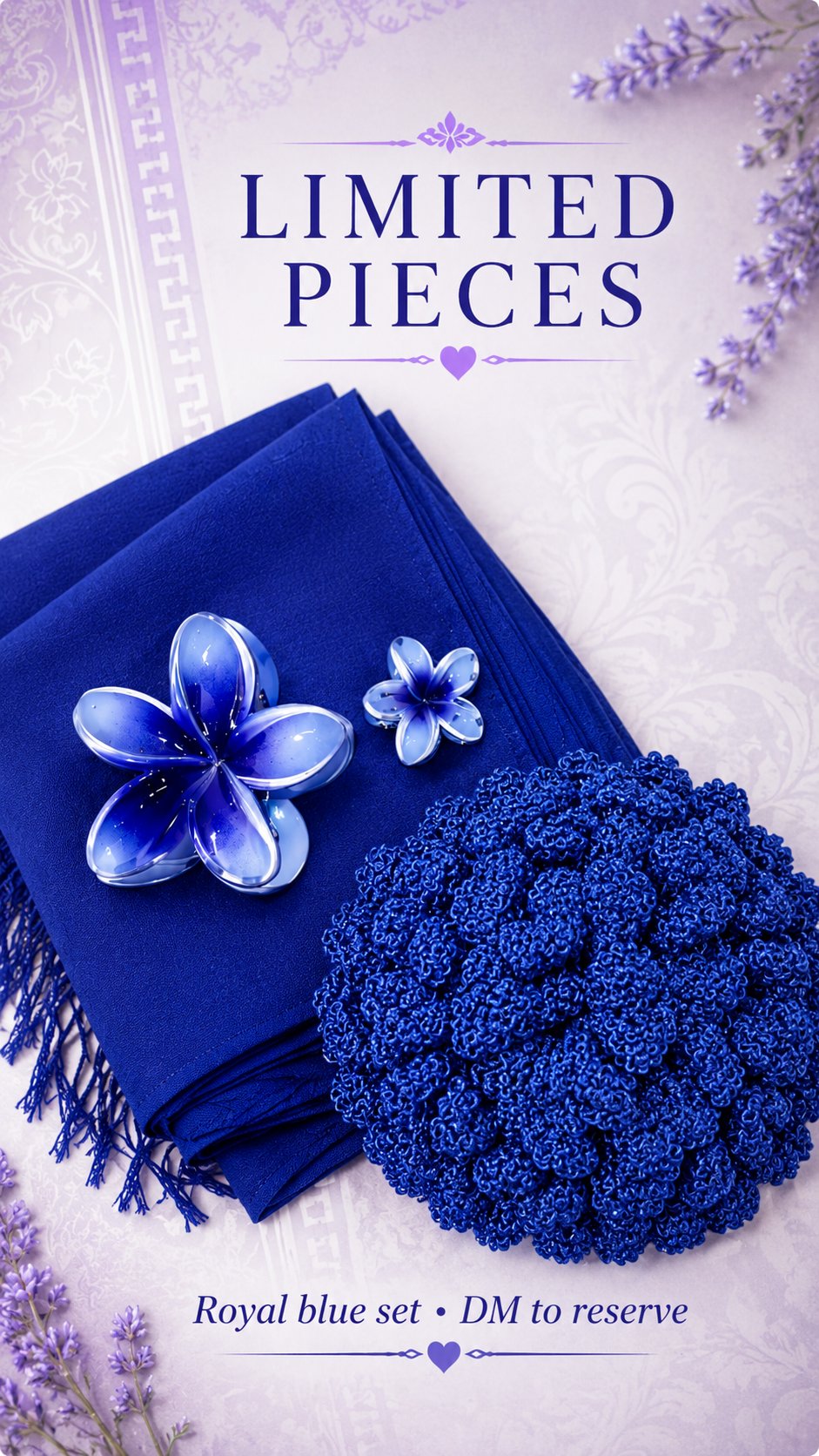 SAHARA Royal Blue Set — royal blue scarf, crocheted scrunchie, and blue ombré plumeria clips