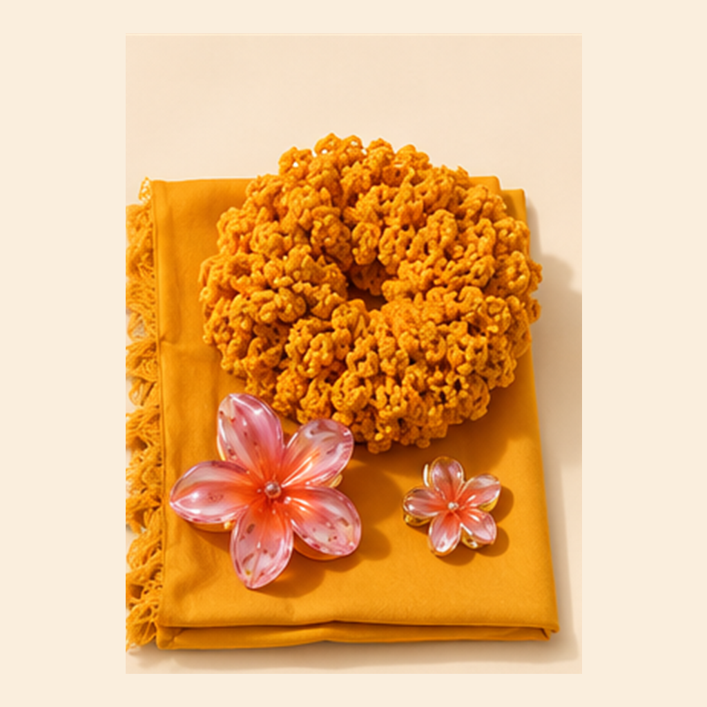 Savannah Gold mustard scarf, crochet scrunchie and floral hair clips