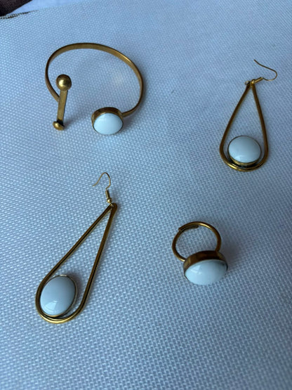 Lady in White jewelry set — gold bracelet, teardrop earrings and ring with white stone accents