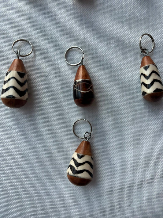 Calabash Carved Keychain — bone and wood with zebra chevron pattern