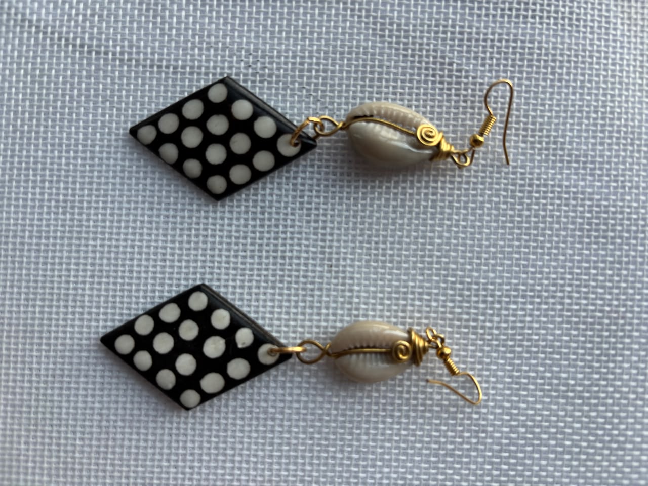 Black Polka Dot Diamond Tile & Cowrie Earrings — cowrie shell dangle on gold wire