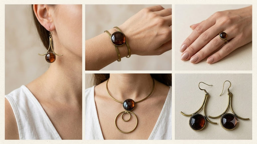 Royal Amber Set — model wearing drop earrings, cuff bracelet, ring and double-circle choker necklace in brass and amber