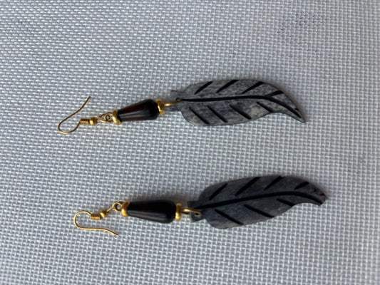 Dark Carved Bone Feather Earrings — wood bead and gold wire
