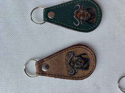 Buffalo Soldier Keychain — green and brown leather with embossed emblem
