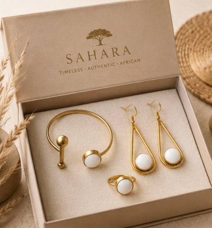 The Lumière Set — SAHARA gift box with gold cuff bracelet, teardrop earrings and ring with white stone