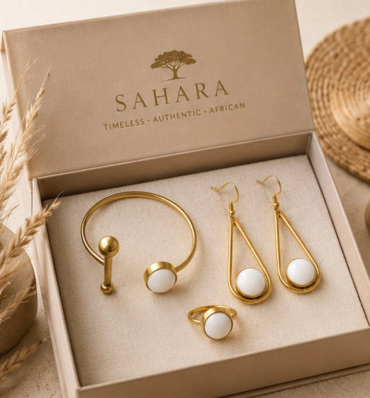 The Lumière Set — SAHARA gift box with gold cuff bracelet, teardrop earrings and ring with white stone
