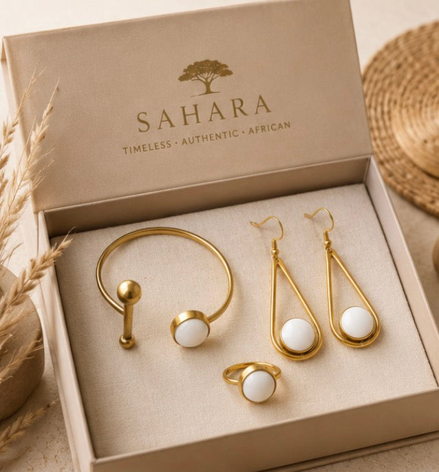 The Lumière Set — SAHARA gift box with gold cuff bracelet, teardrop earrings and ring with white stone