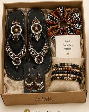 SAHARA African Muse Box — beaded sandals, ankara scrunchie, earrings, and bracelet stack