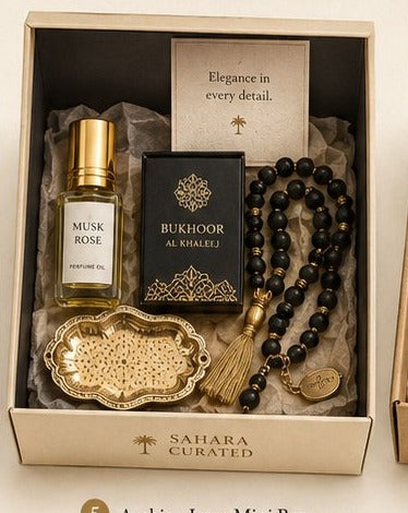 SAHARA Arabian Luxe Mini Box — Musk Rose perfume oil, bukhoor, tasselled beads, and brass trinket tray
