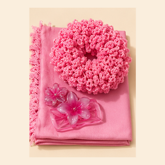 Blush Bloom pink scarf, crochet scrunchie and floral hair clips
