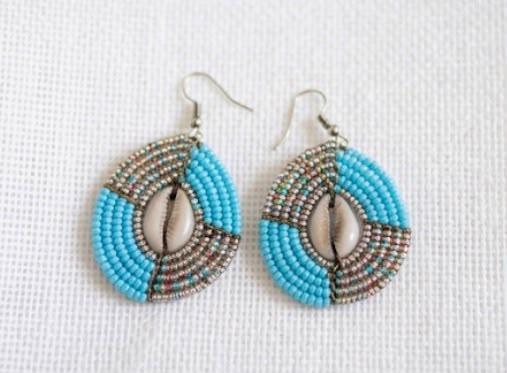 Turquoise and silver handcrafted beaded drop earrings