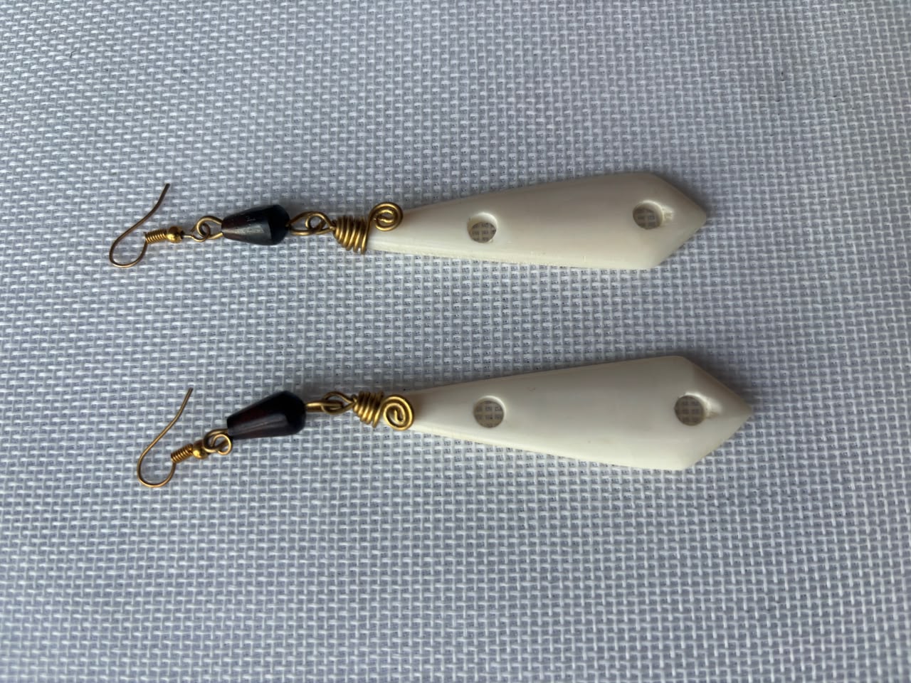 Ivory Bone Drop Earrings — gold wire wrap and dark bead