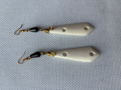 Ivory Bone Drop Earrings — gold wire wrap and dark bead