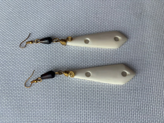 Ivory Bone Drop Earrings — gold wire wrap and dark bead