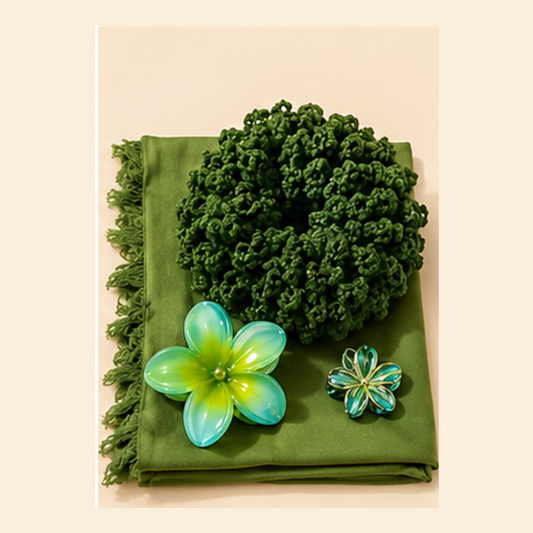 Emerald Oasis green scarf, crochet scrunchie and floral hair clips