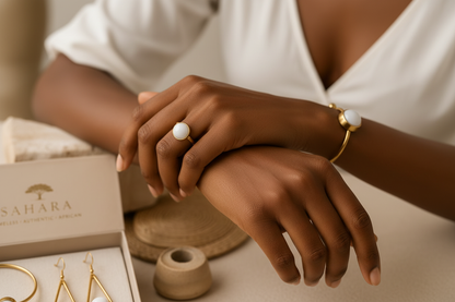 The Lumière Set — close-up hands wearing gold ring and cuff bracelet with white stone