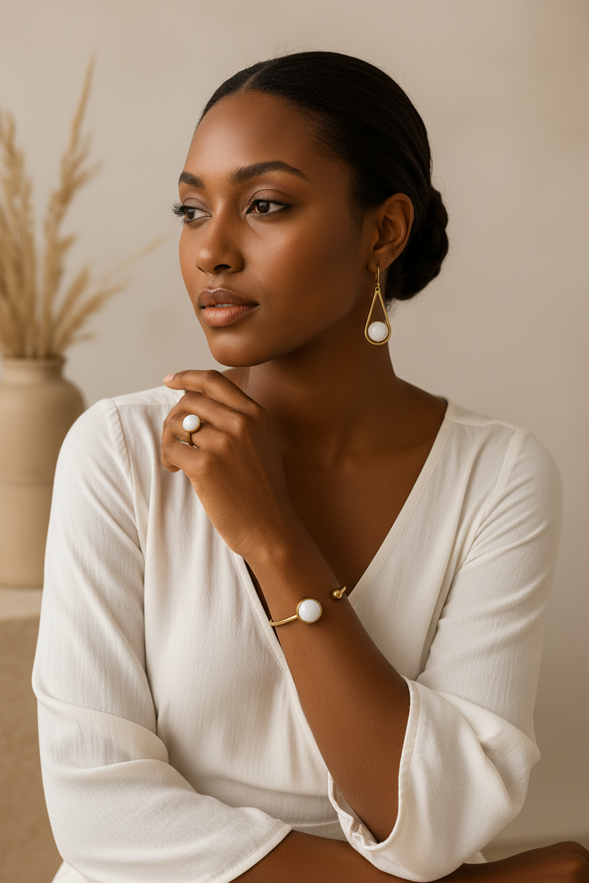 The Lumière Set — lady in white wearing gold and white stone jewelry, editorial portrait