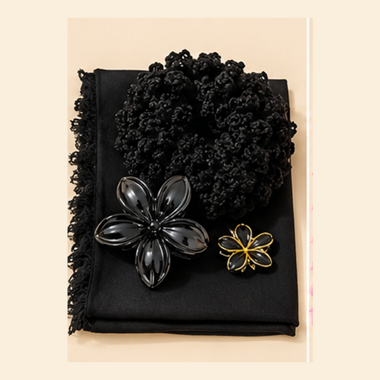 Midnight Bloom black scarf, crochet scrunchie and floral hair clips
