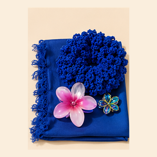 Ocean Bloom royal-blue scarf, crochet scrunchie and floral hair clips