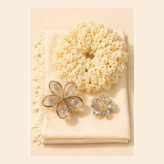 Pearl Bloom cream scarf, crochet scrunchie and floral hair clips