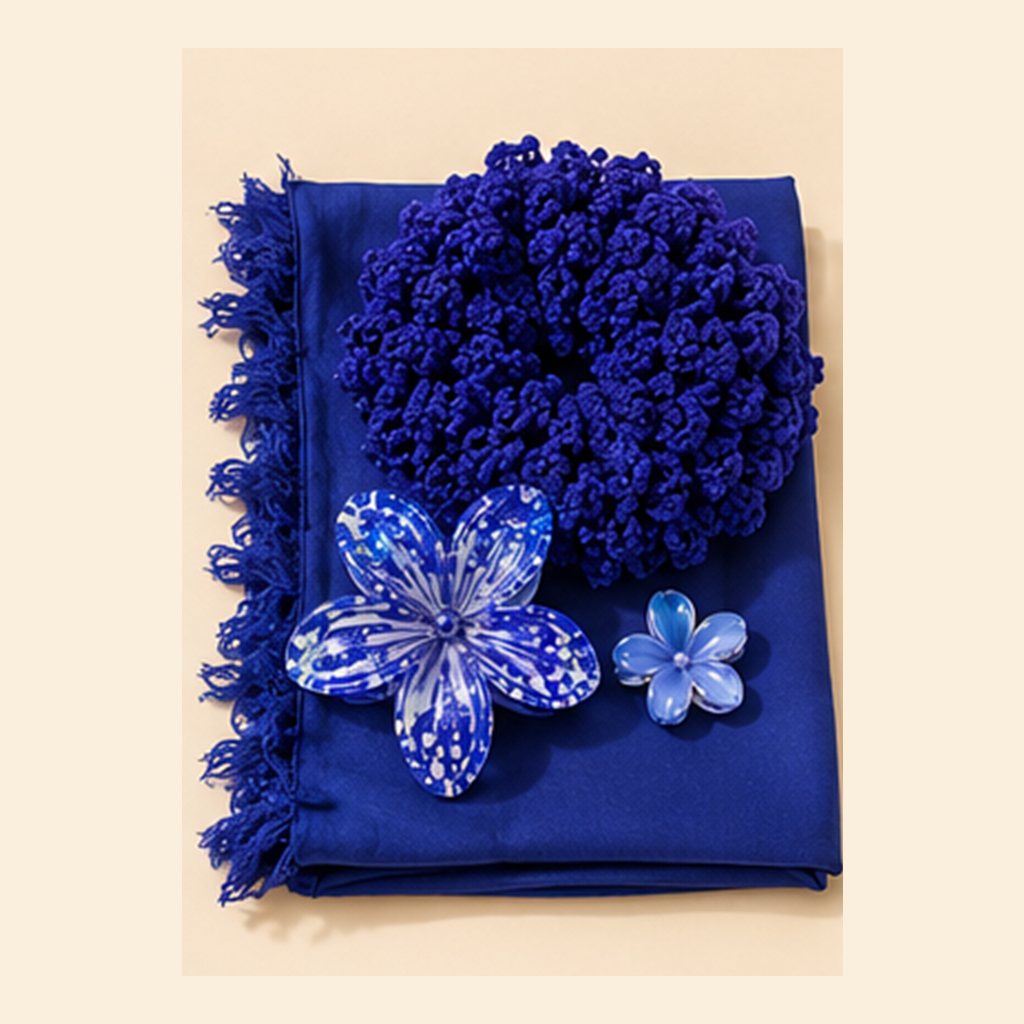 Royal Orchid deep-blue scarf, crochet scrunchie and floral hair clips