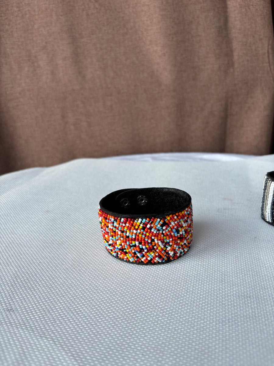 Hand-beaded multicolour cuff bracelet detail