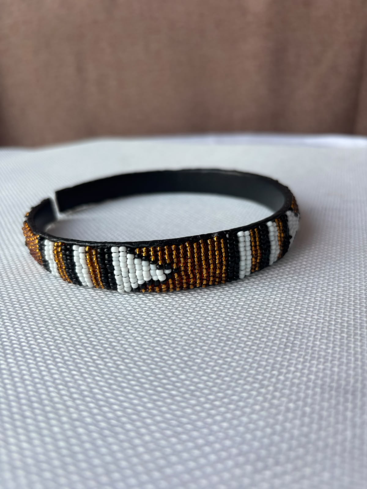 Amber black and white hand-beaded headband front