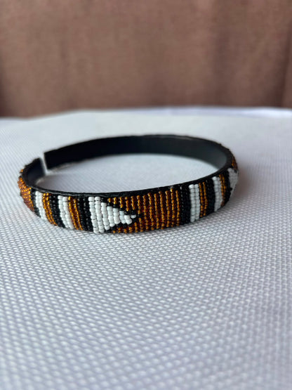 Amber black and white hand-beaded headband front