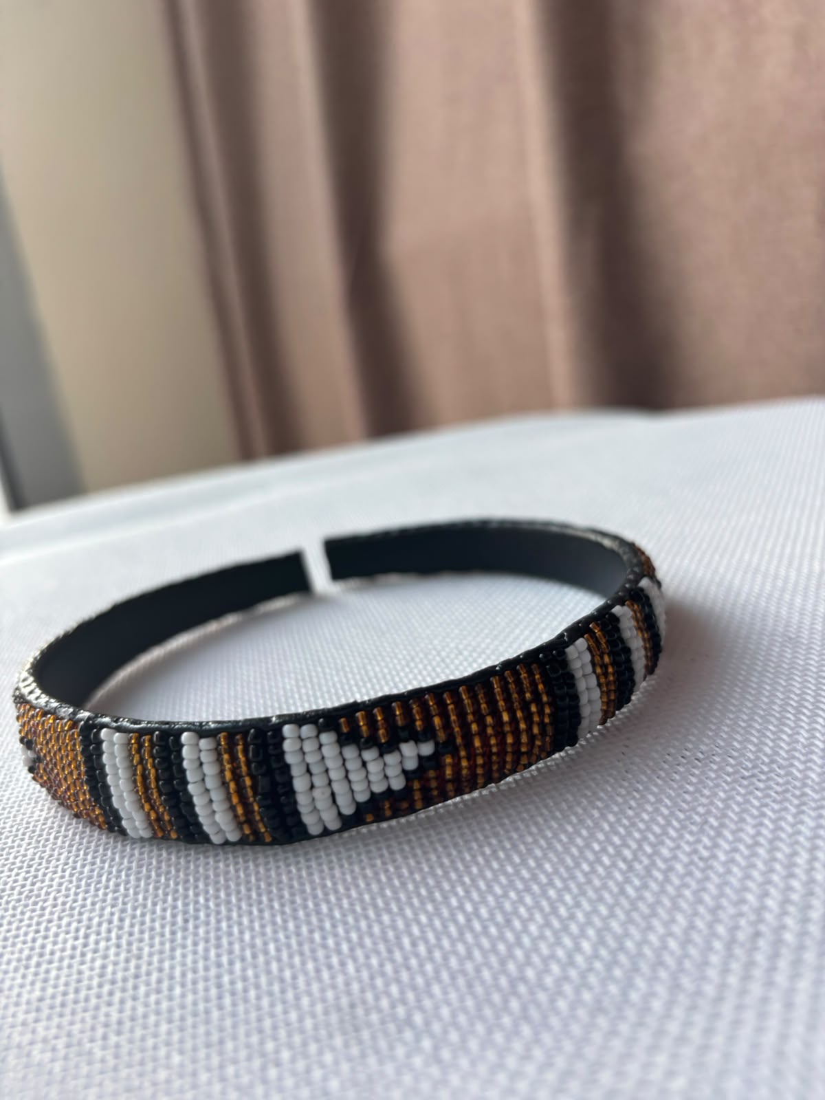 Amber black and white hand-beaded headband side