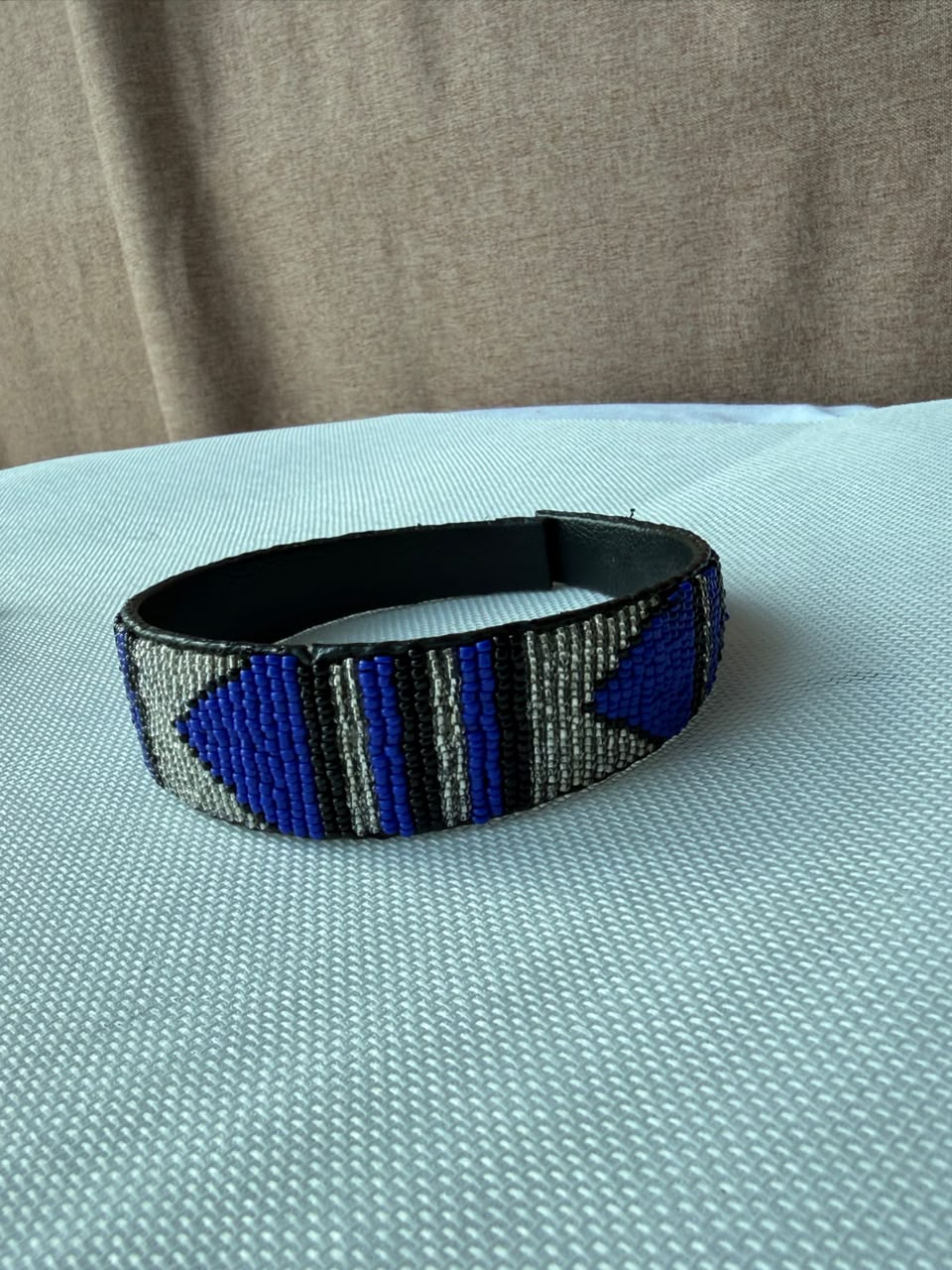 Royal blue and silver hand-beaded headband front