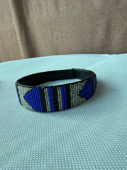 Royal blue and silver hand-beaded headband front