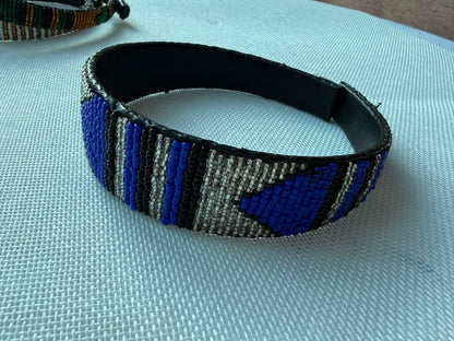 Royal blue and silver hand-beaded headband close view