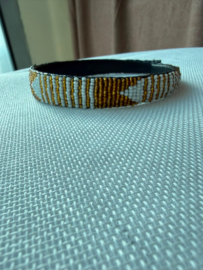 Ivory and gold hand-beaded headband front
