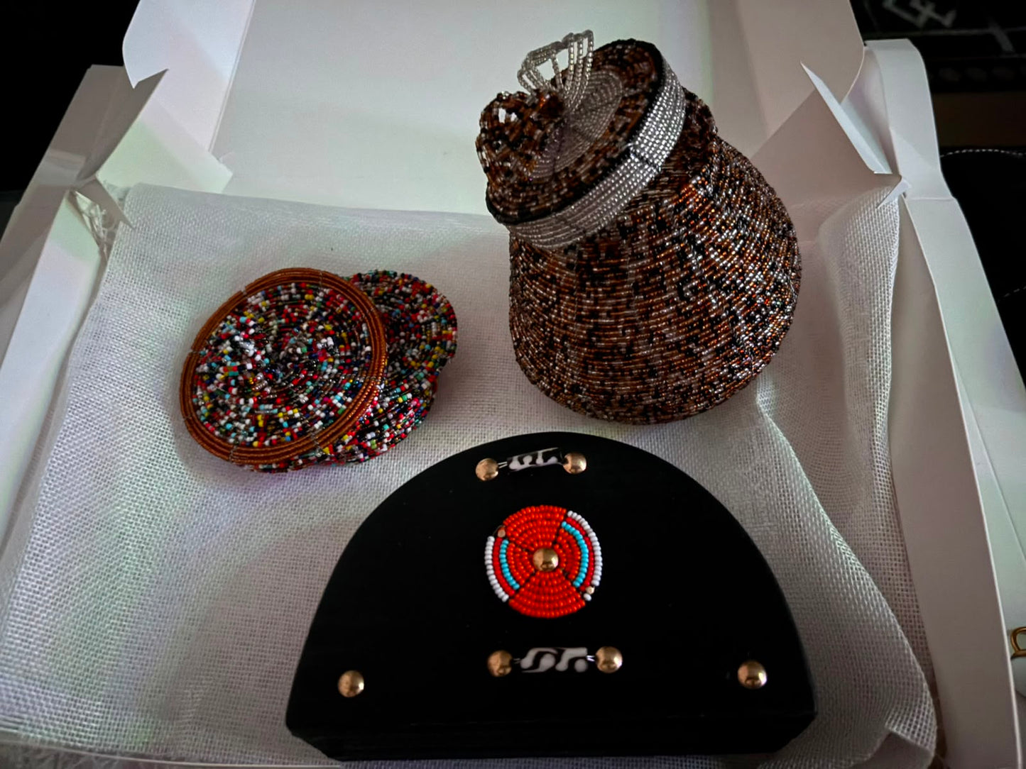 Beaded Home gift set with keepsake pot, coasters and napkin holder