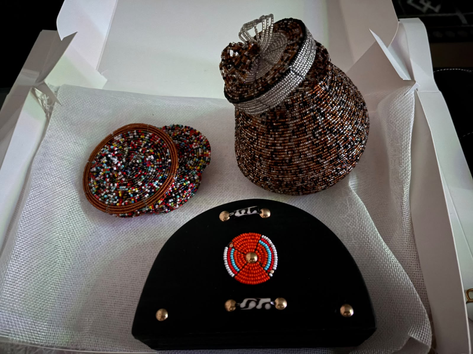 Beaded Home gift set with keepsake pot, coasters and napkin holder