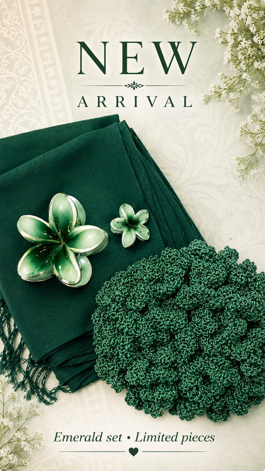SAHARA Emerald Set — emerald scarf, crocheted scrunchie, and gradient green plumeria clips