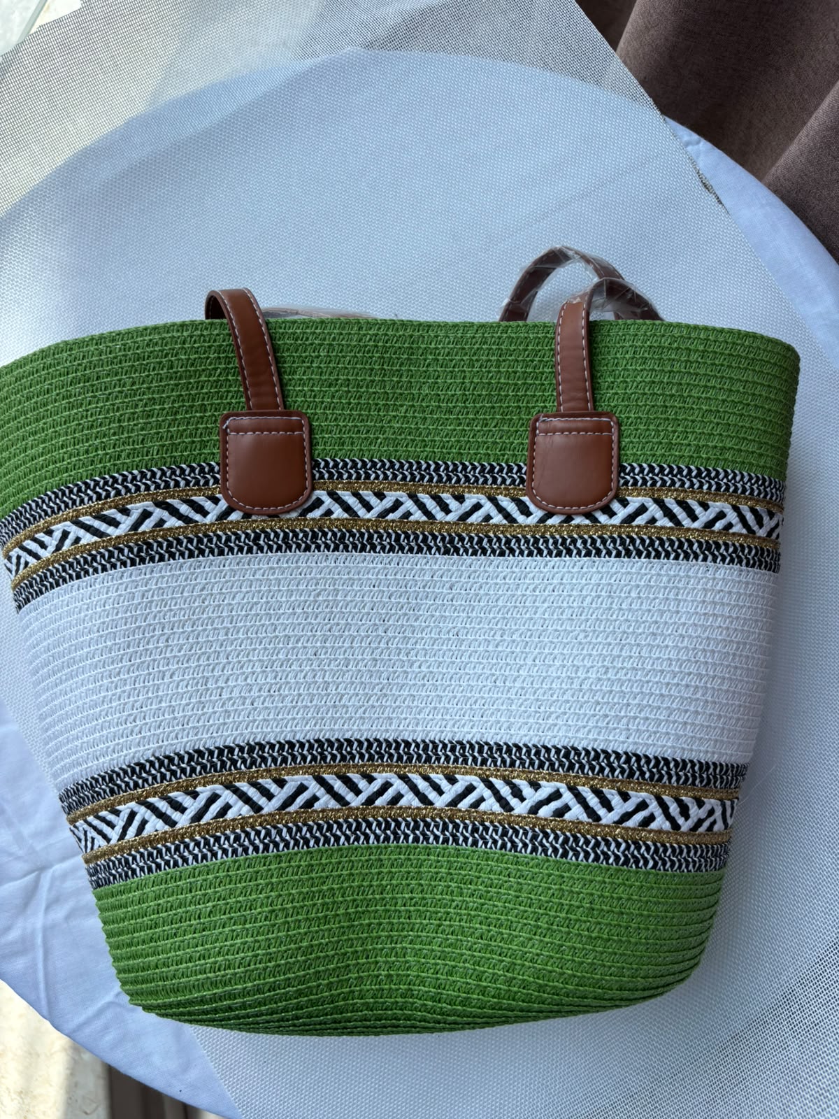 Sahara woven tote in green and cream