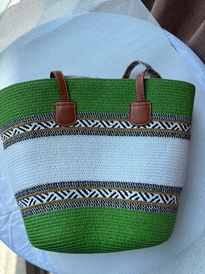 Sahara woven tote in green and cream