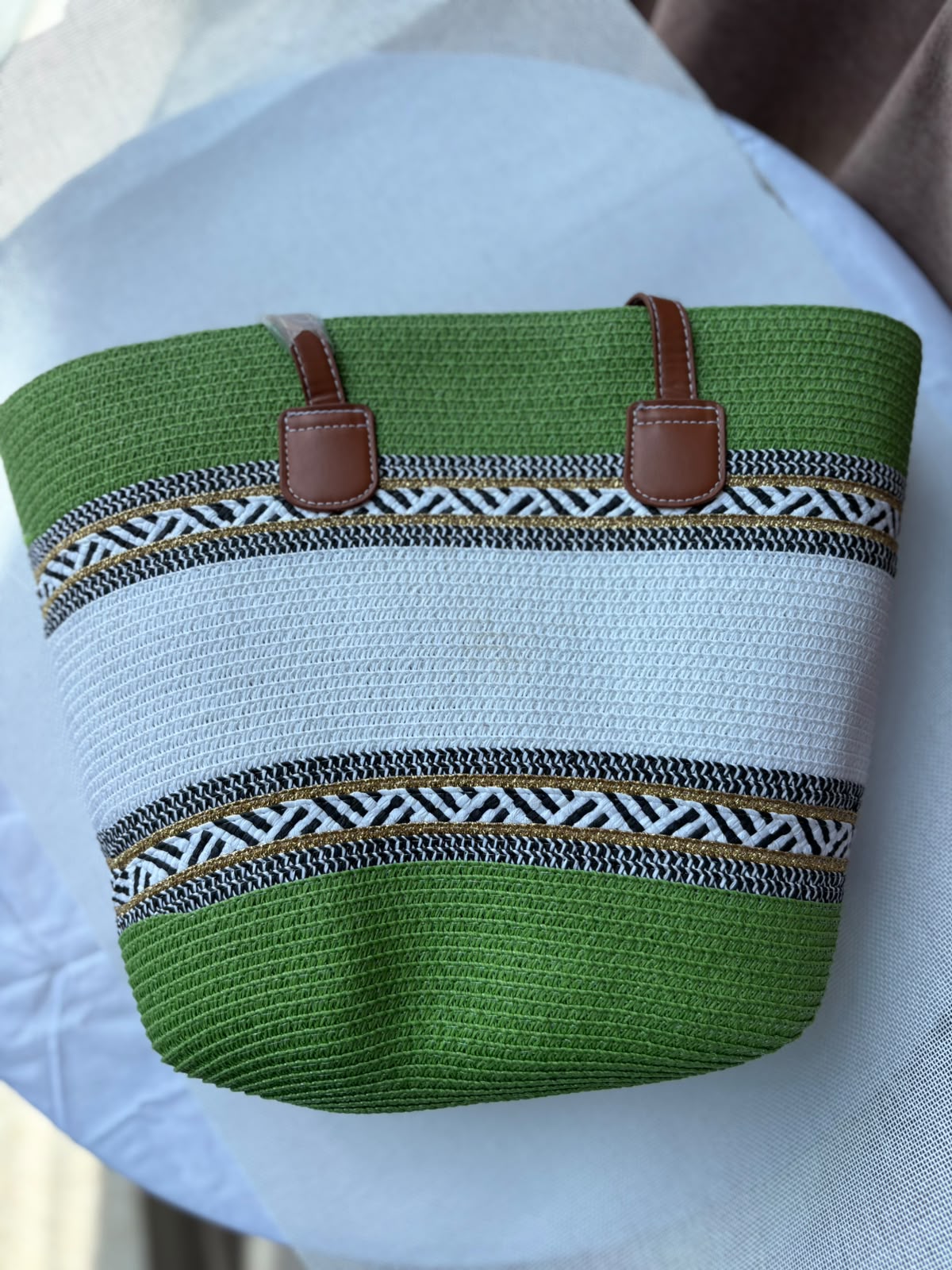 Green Sahara woven tote front view