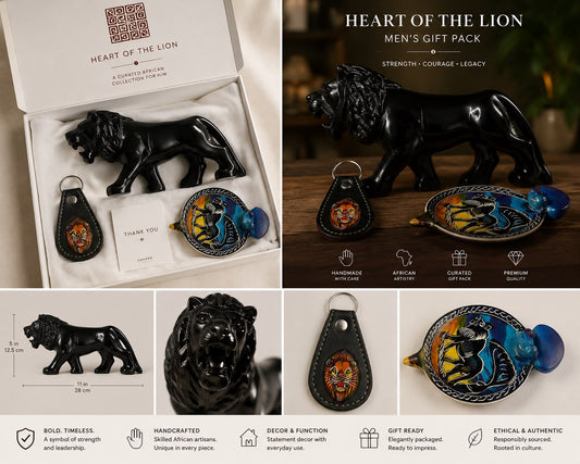 Heart of the Lion men's gift pack with lion sculpture, leather keychain and decorative dish