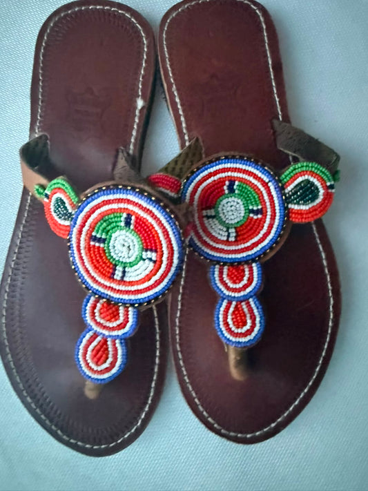 Heritage Disc Beaded Leather Sandals — EU 41