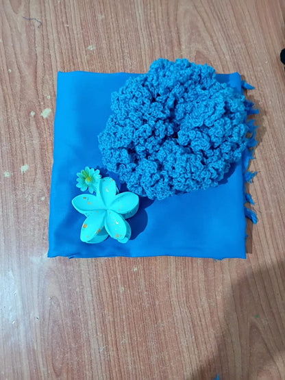 Bright blue scarf scrunchie and turquoise flower hair clips set