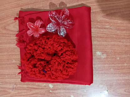 Red scarf scrunchie and flower hair clips set