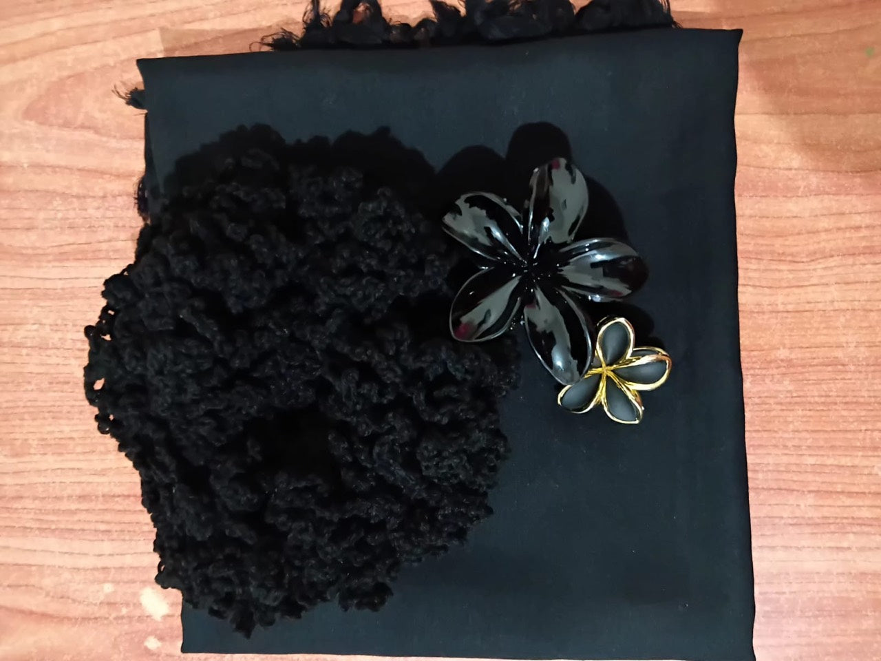 Black scarf scrunchie and black flower hair clips set