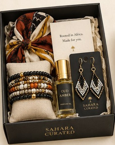 SAHARA Ladies Gift Box — African print scarf, beaded bracelets, earrings, and Oud Amber perfume oil