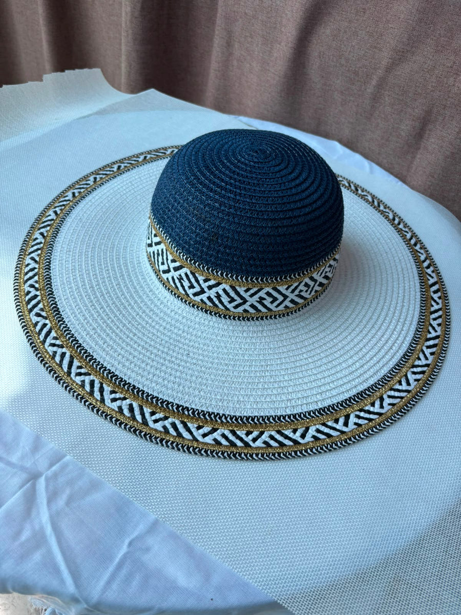 Navy Sahara woven sun hat angled view