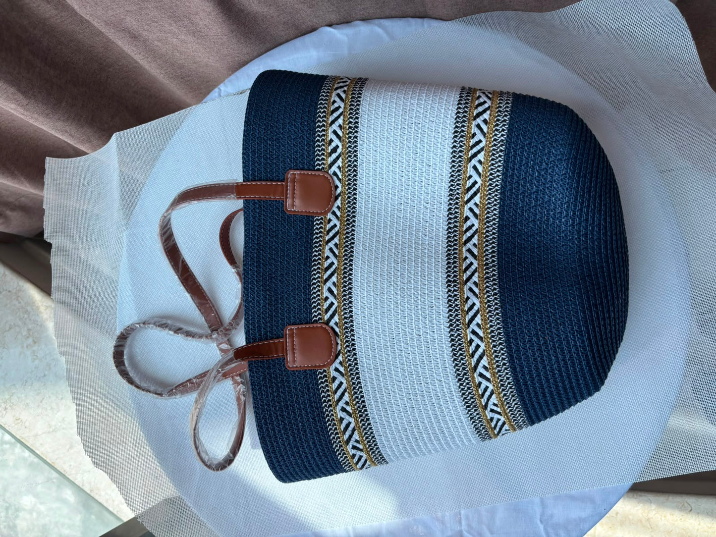 Sahara woven tote in navy and cream